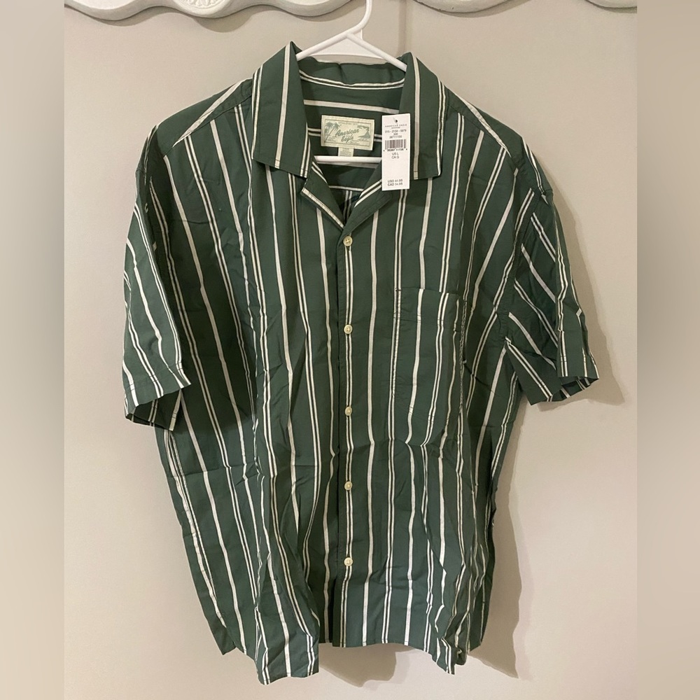 American Eagle button up. Green and white stripes. Size L.